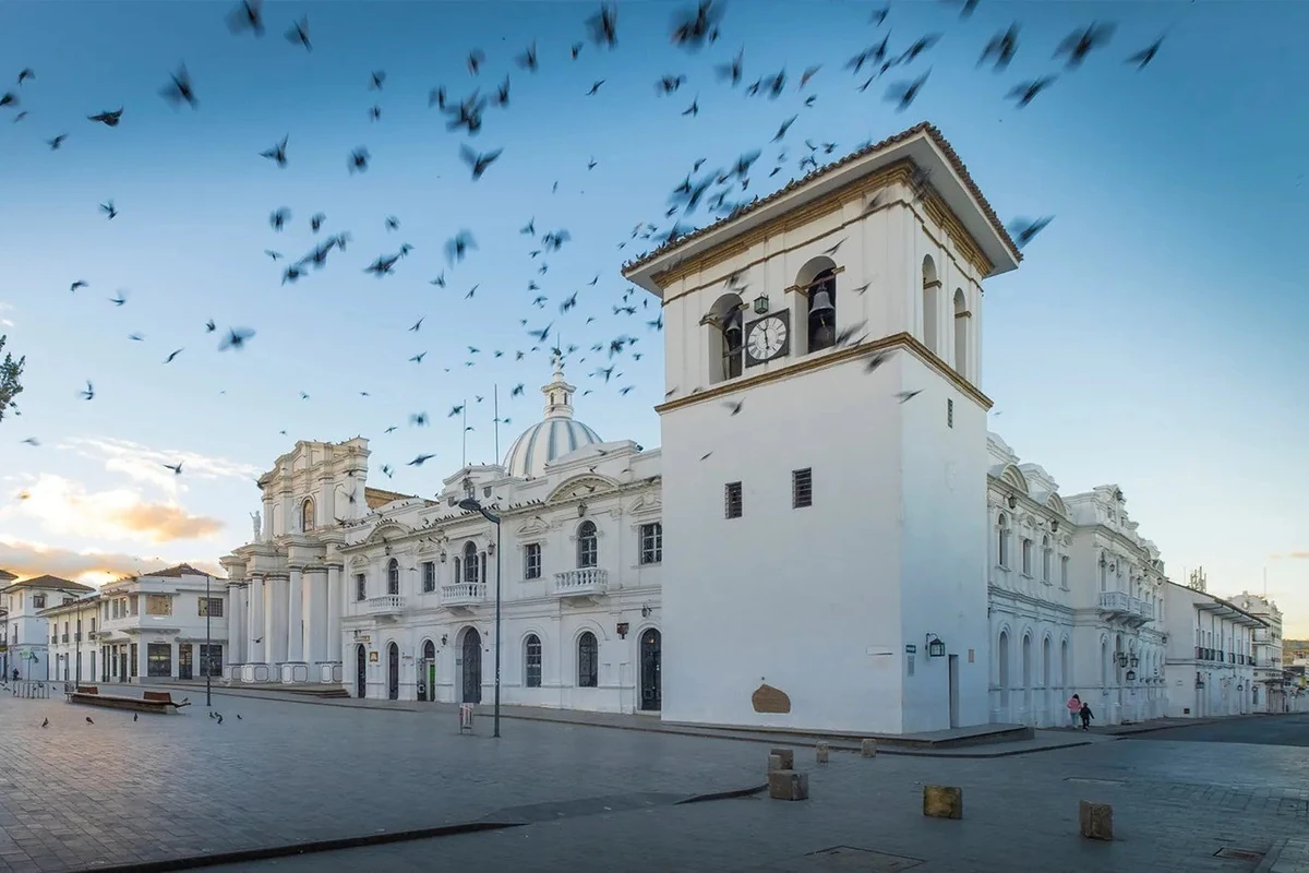 The Torre del Reloj and the cathedral in Popayán, the capital of Cauca, Colombia.